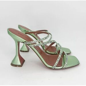 NEW Amina Muaddi Mint Green crystal embellished Fluted Sandals Size 37.5